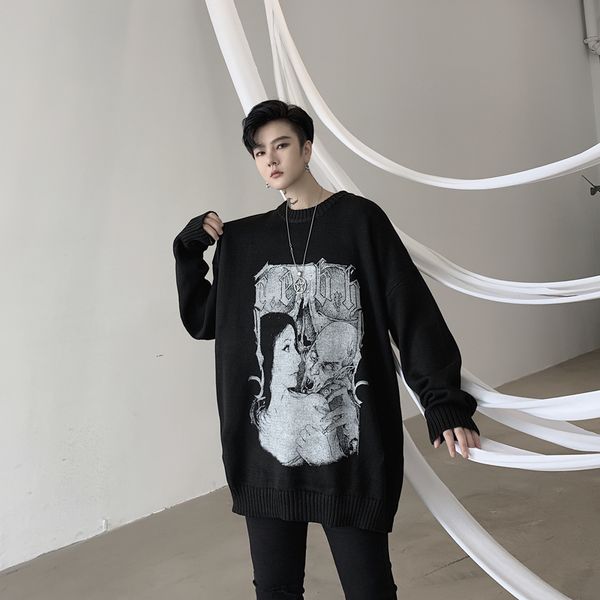 

мужчины осень зима сыпучие повседневная шаблон печати с длинным рукавом вязаный пуловер свитер мужской женщины streetwear хип-хоп моды свите, White;black