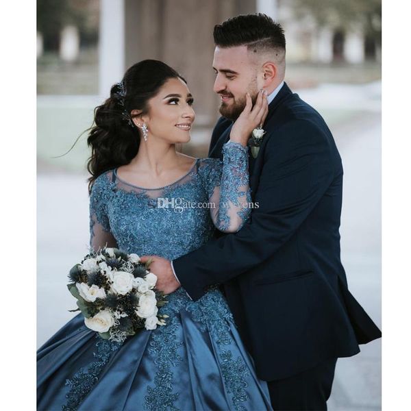 

2019 muslim ball gown wedding dresses appliques with beaded satin chapel wedding gown draped long sleeve corset dubai bridal dress, White