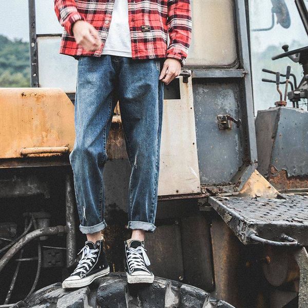 

2019 ins men pants casual mens hip hop rap trousers street ripped jeans loose straight full close-fitting relaxed tapered jean, Blue