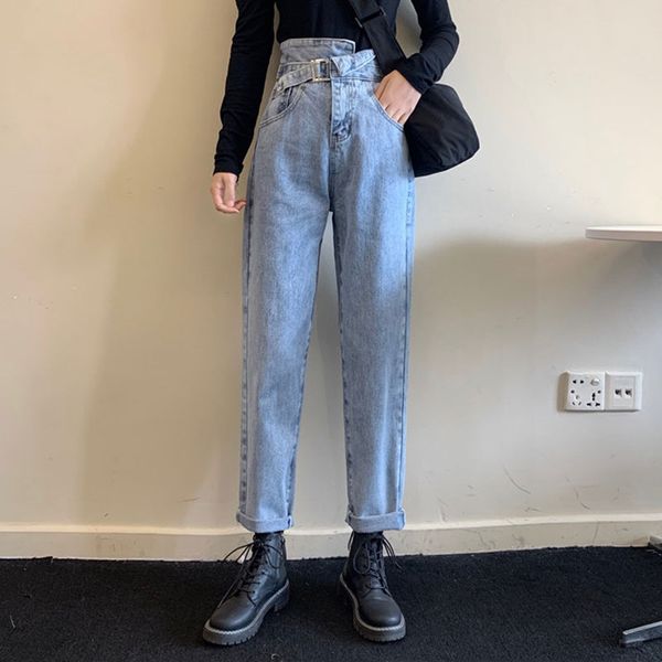 

spring 2020 new jeans women's design sense irregular ins high waist was thin washed washed straight jeans women, Blue