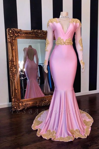 

2020 blush pink mermaid prom dresses deep v neck long sleeves african lace appliques evening gown black girl formal party dress