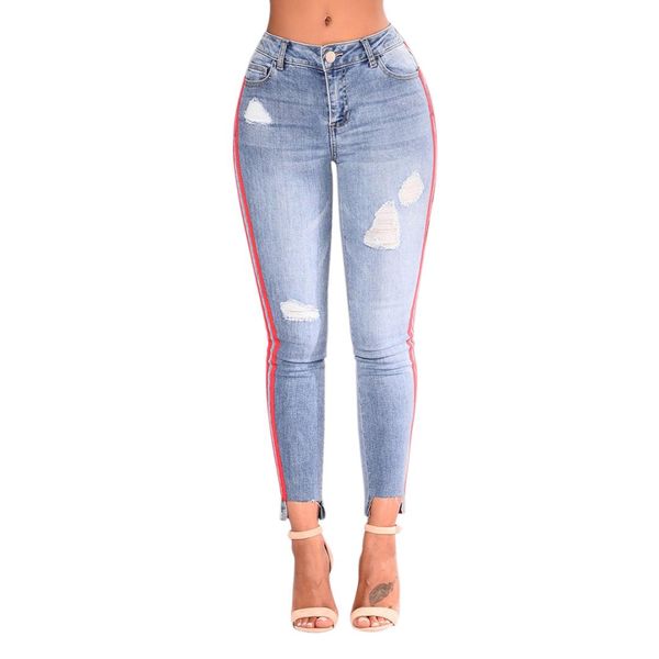 

women high waist stretchy ripped hole pencil jeans ladies casual washed jeans striped webbing feet pants denim trousers, Blue