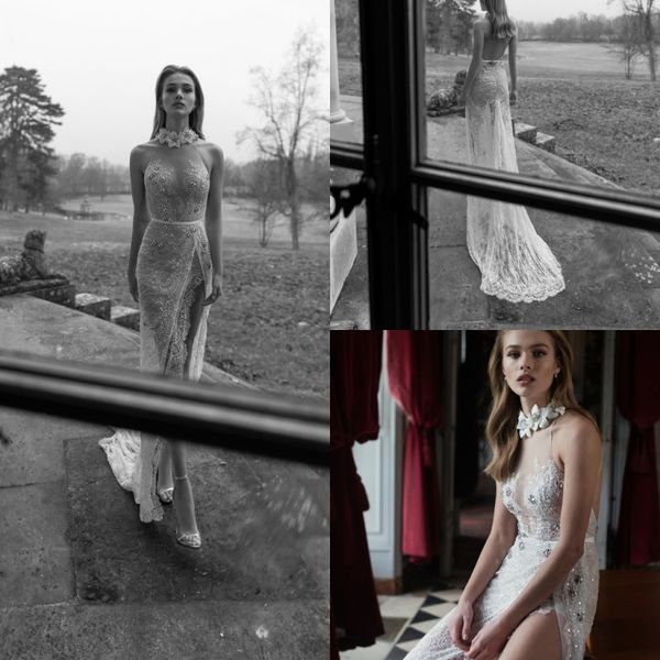 

inbal dror 2019 mermaid split wedding dresses beaded lace appliqued halter neck backless wedding dress bridal gowns robes de soirÃ©e, White