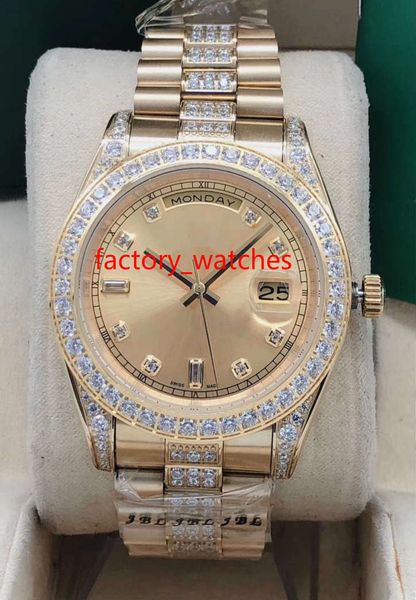 

automatic men watch 41mm gold case stones bezel and diamonds in middle of bracelet day and date full works wrist watches, Slivery;brown