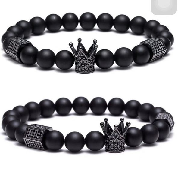 

popular black micro pave cz crown charm matte onyx beads stretch bracelet one piece xyb141