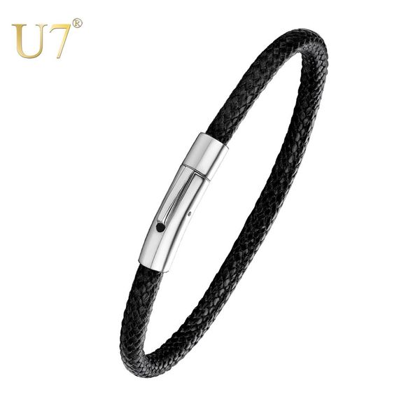 

u7 5mm wide braided leather cord rope bracelet for men diy black brown chain bangle stainless steel clasps 18/20/22cm h1088, Golden;silver