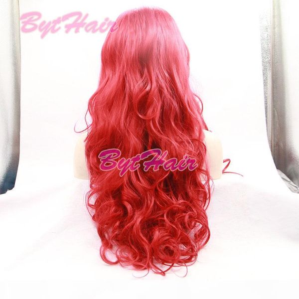 

bythair long body wave amaranth red synthetic lace front wig half hand tied bouncy rose red heat resistant fiber hair for women, Black