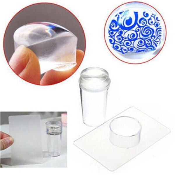 

2pcs/set nail art templates pure clear jelly silicone nail stamping plate scraper with cap transparent 6*2.8cm stamp, Silver