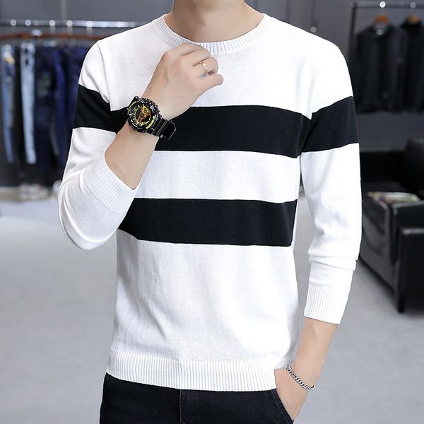 

2018 autumn winter pullover men cotton slim fit sweater men casual striped pull jumper sweater, White;black