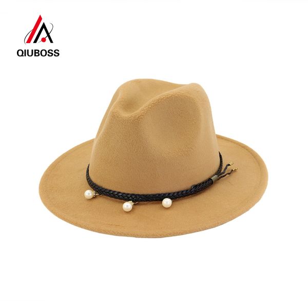 

qiuboss 12 colors classical jazz black ribbon pearl decorated wool felt fedora hats women panama jazz trilby hat, Blue;gray