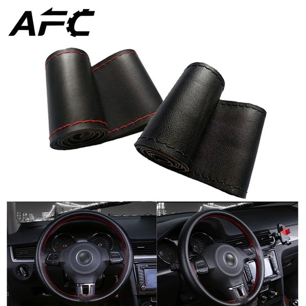 

car steering wheel cover genuine leather with soft anti-slip black diy braid & needles thread fit for 38cm diameter