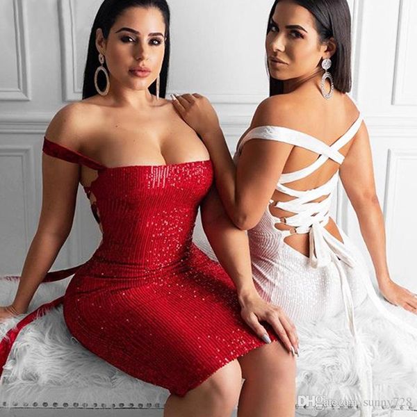 

sparkling sequins stunning lady party dress slash neck lace up back sleeveless nightclub bodycon gowns knee length 2020 summer