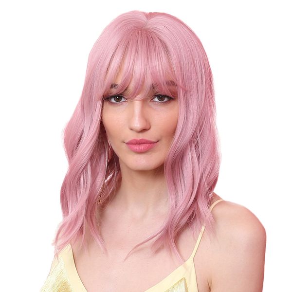 

12'' women shoulder length natural curly wavy wigs pink cosplay anime wigs, Black