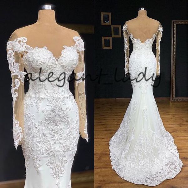 

illusion long sleeve mermaid wedding dress 2019 full lace applique sheer jewel neck plus size bohemian beach bridal gowns dresses veils, White