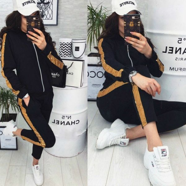 

womens solid color suit new fashion casual sequin stitching jacket trousers sports suit women 2020 winter wholesale high end, White