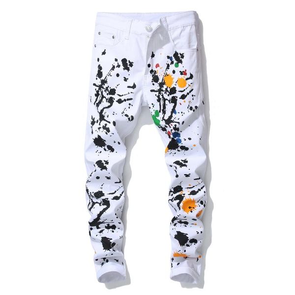 

men printed white pants dj designer graffito splash ink paint color street fashion cool unique cotton pants for men, Black