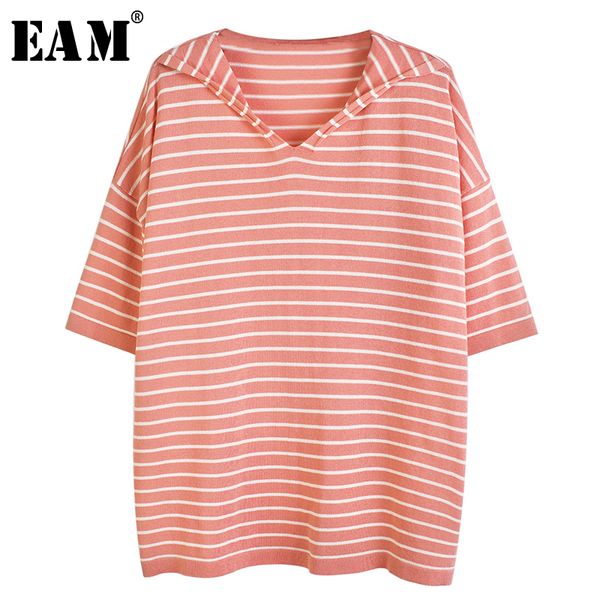 

eam] women striped split knitting big size t-shirt new v-neck three-quarter sleeve fashion tide spring summer 2020 1t210, White