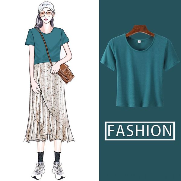 

good quality knitted short t-shirt women's short sleeve ins super fire simple base solid color coat t-shirt slim top, White
