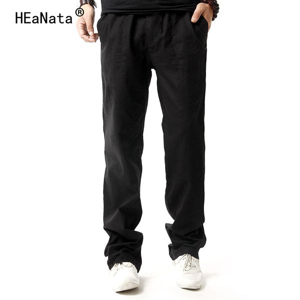 

2019 spring summer new casual straight pants men cotton linen fashion solid trousers male brand clothing elastic waist men's, Black