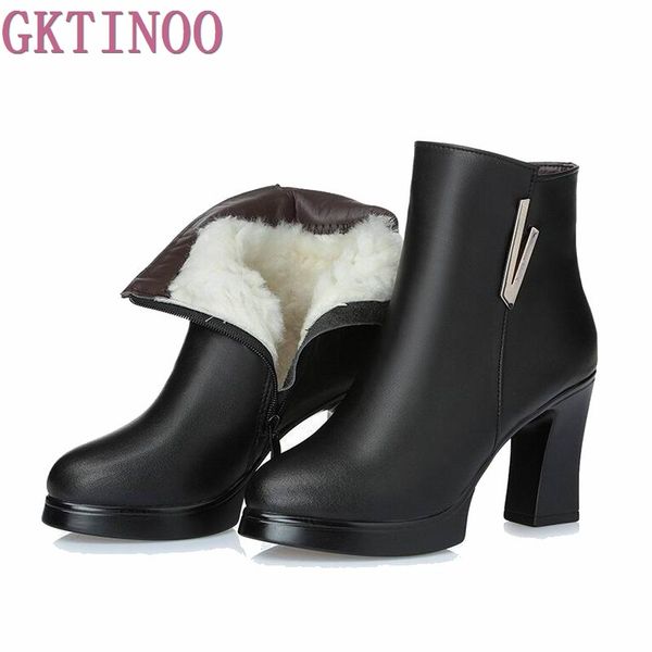 

gktinoo new fashion autumn winter shoes woman genuine leather boots women boots thick high heels ankle wool snow, Black