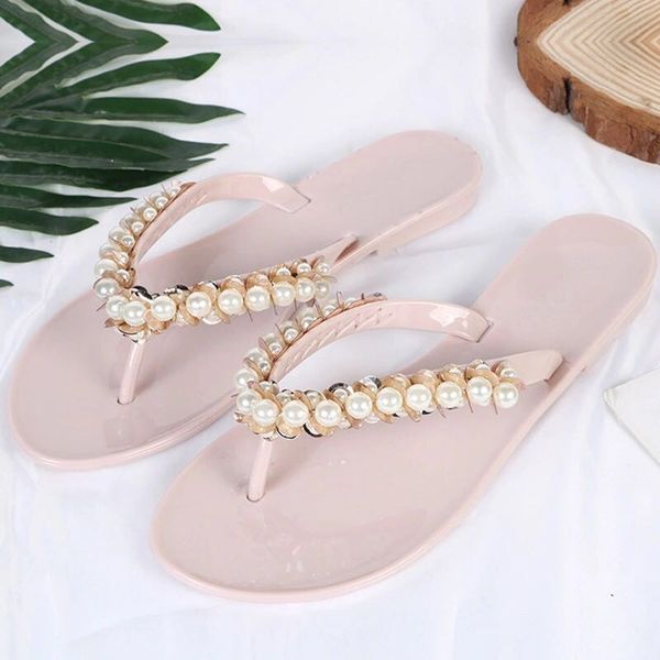 

women slippers summer beach slippers flip flops sandals women pearl fashion ladies flats shoes ing, Black