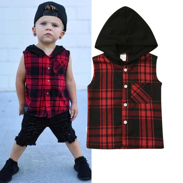 

pudcoco brand new fashion infant baby boy clothes sleeveless plaid hooded vest t-shirt coat, Blue