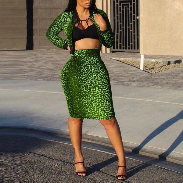 

fluorescent green 2 pcs women set leopard print dress + splash print two-piece set fashion long suit female outwear, Gray