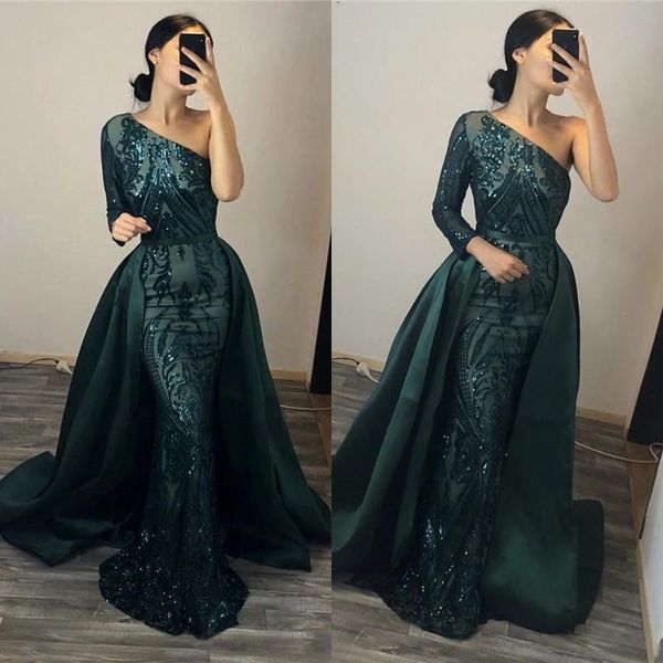 2020 One-Shoulder-Abschlussballkleider mit abnehmbarer Schleppe, Paillettenapplikationen, langen Ärmeln, Meerjungfrau-Abendkleider, Overskirts, afrikanische Party-Vestido