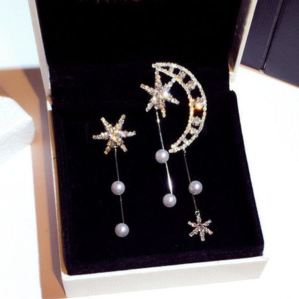 

super glittering fashion designer luxury asymmetric diamond zircon moon star cute stud earrings for woman girls dangle chandelier