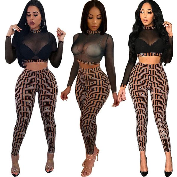 

2018 autumn women heer plaid 2pc pant uit tretchy high neck long leeve crop high wai t long lim pant party two piece outfit