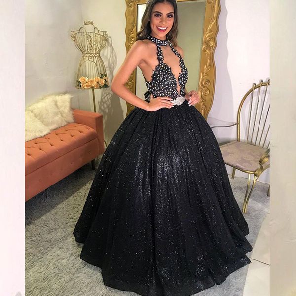 

2020 black glitter sequin ball gown sweet 16 dresses quinceanera gowns lace beaded backless high neck girls prom dress, Blue;red