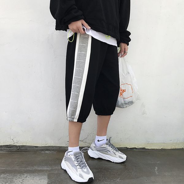 

summer new pants men fashion hit color straight casual cropped pants man streetwear trend wild hip hop loose joggers sweatpants, Black