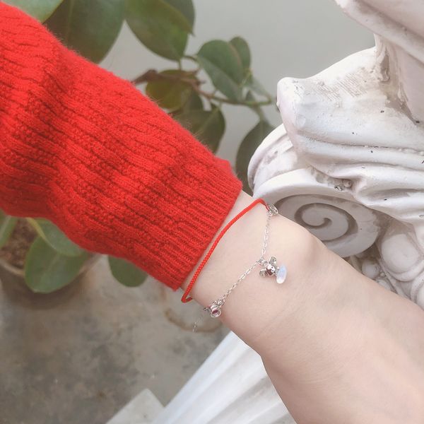 

s925 sterling silver double-layer red rope mouse bracelet zodiac natal mice ate rice hand rope womens girlfriends, Black