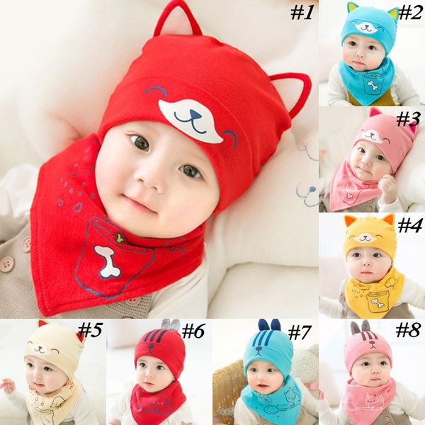 

toddler hat + bandana bib saliva towel 2pcs set triangle scarf cartoon baby cotton knit cap bib set 24 colors, Yellow
