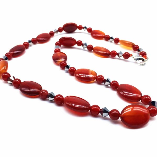 

natural red carnelian stone beads women choker necklace fashion jewelry 8 mm beads flat oval puff 13x18 mm, Golden;silver