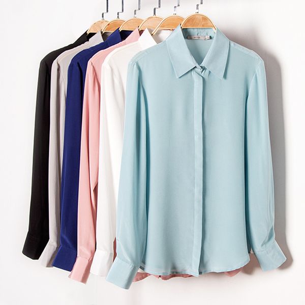 

women silk blouse 100% real silk crepe solid long sleeve blouses basic button office lady shirt 2020 white blusas femininas
