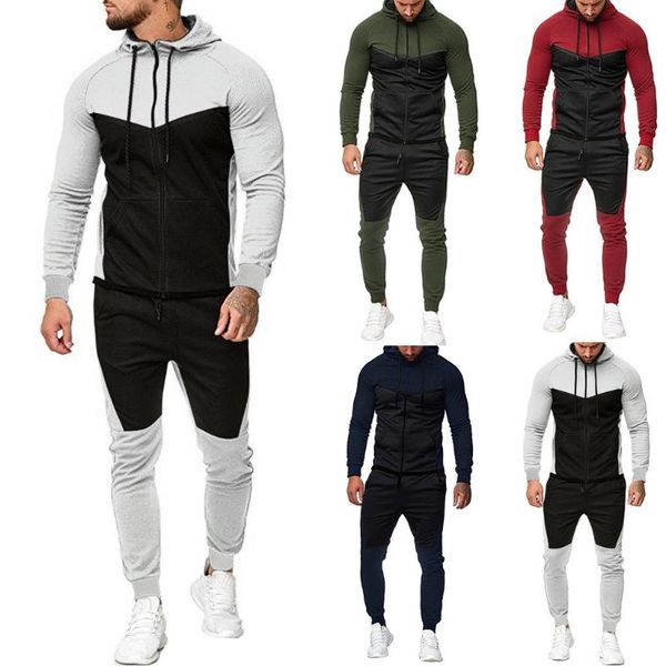 

mens autumn splicing zipper print sweatshirt pants sets sport suit tracksuit men's casual sweat pants and suits, Gray