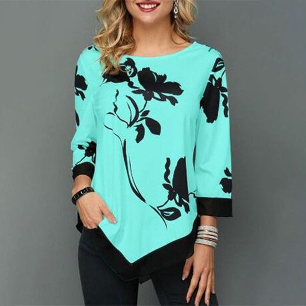 

fashion women floral printed blouse plus size 3/4 sleeves irregular hemline o neck spring autumn shirts casual tees femme, White