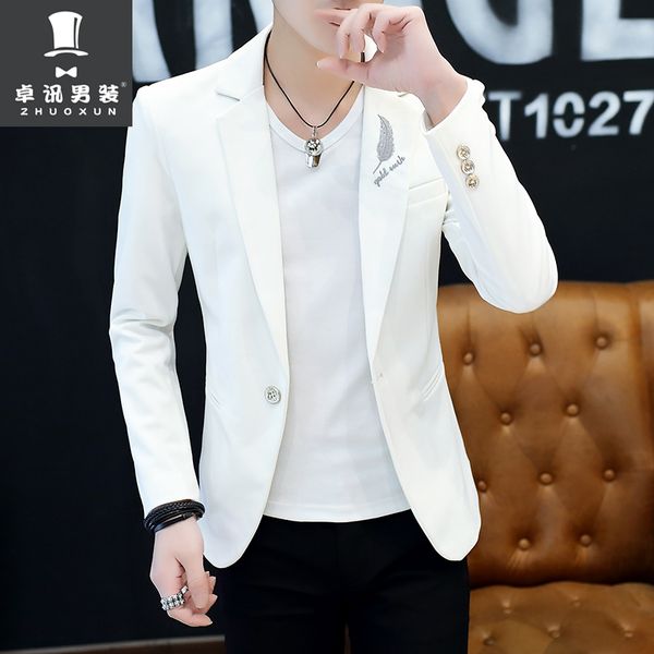 

ho 2018 male cultivate one's morality fashion handsome printing a thin blazer autumn new youth single blazer, White;black