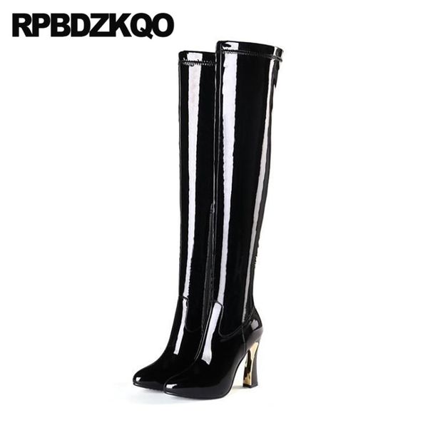 

patent leather shoes over the knee high chunky fetish slim heel quality metal boots women pole dancing dance pointed toe extreme, Black