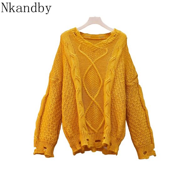 

nkandby plus size v neck kawaii mohair sweaters women autumn loose crocheted hole knit sweater oversize ladies jumpers 4xl, White;black