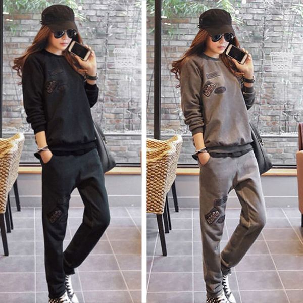 

casual sweater suit female 2019 new autumn and winter thick loose shirt plus velvet sports two-piece korean fashion, Black;blue
