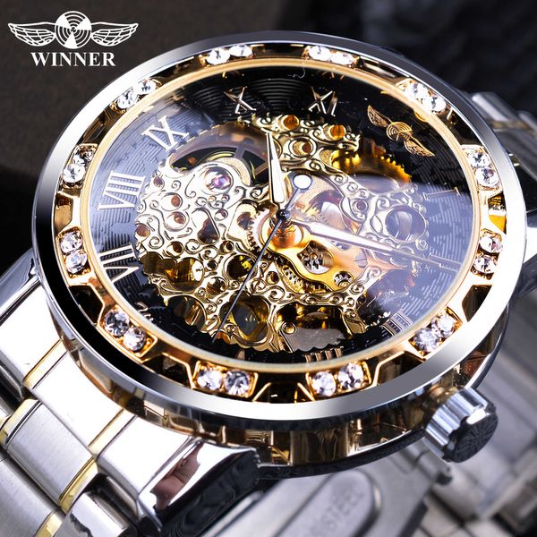 Vincitore Trasparente Fashion Diamond Luminous Gear Movement Royal Design Men Top Brand Luxury Maschio Scheletro Meccanico Orologio da polso CJ191116