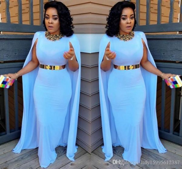 

2019 new light blue plus size cape style evening dresses sheath floor length evening gowns aso ebi south african women formal party dresses, Black;red