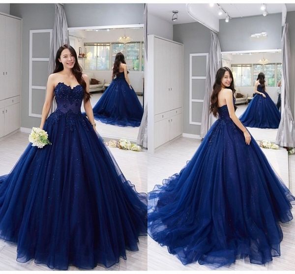 Blaues Tüll-Ballkleid für die 16. Klasse, Spitze, Perlen, Pailletten, drapiert, Herzausschnitt, Schnür-Abschlussballkleid, Quinceanera-Kleider für die Abschlussfeier der 8. Klasse, lang