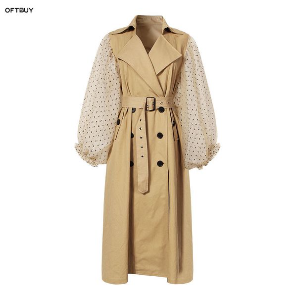 

oftbuy 2019 spring coat trench coat for women dot print ruffle mesh patchwork khaki long windbreaker runway korean overalls nes, Tan;black