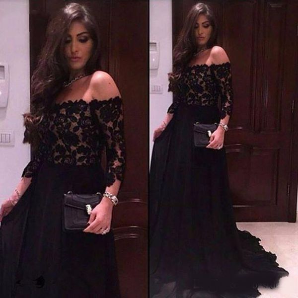 

off the shoulder black lace prom dresses 2020 three quarter sleeves evening party dress formal gowns vestido de festa
