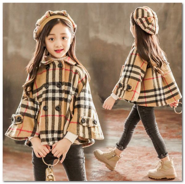 

girls plaid woolen shawl cloaks kids lapel double pocket princess capes outwear+hat 2pcs sets children long sleeve lattice poncho p0039, Camo