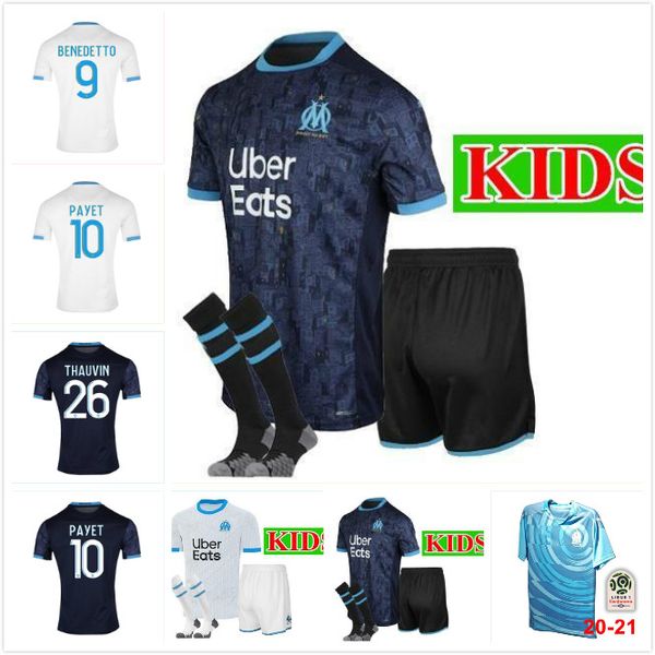 

man+kids kit 20 21 olympique de marseille soccer jersey om jerseys 2020 2021 payet thauvin benedetto football shirt kids kit sets uniform, Black;yellow