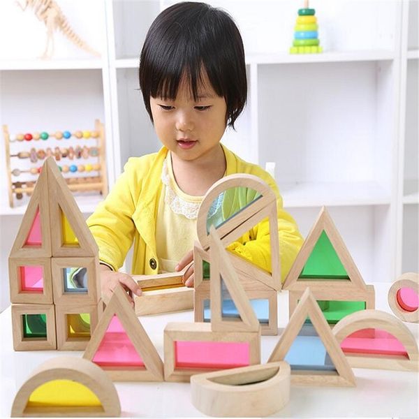 

montessori wooden rainbow building blocks 24pcs toys for children 6 shape 4 translucent colours brinquedo oyuncak brinquedos 50